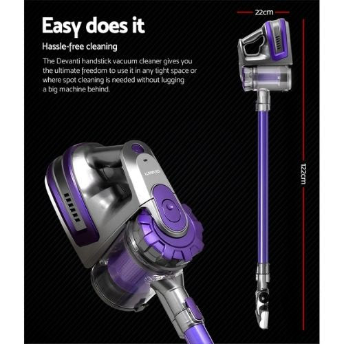 Cordless Stick Vacuum Cleaner Devanti 150W Handheld Vac 2 Speed, Purple And Grey