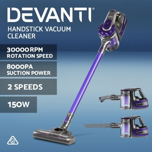 Cordless Stick Vacuum Cleaner Devanti 150W Handheld Vac 2 Speed, Purple And Grey