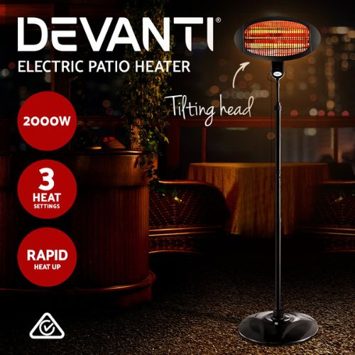Devanti 2000W Electric Patio Strip Heater Portable Indoor Outdoor Heaters, Black