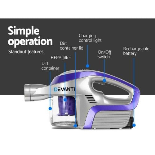 Devanti Cordless Vacuum Cleaner Handheld Stick Vac Bagless 150W - Purple & Grey
