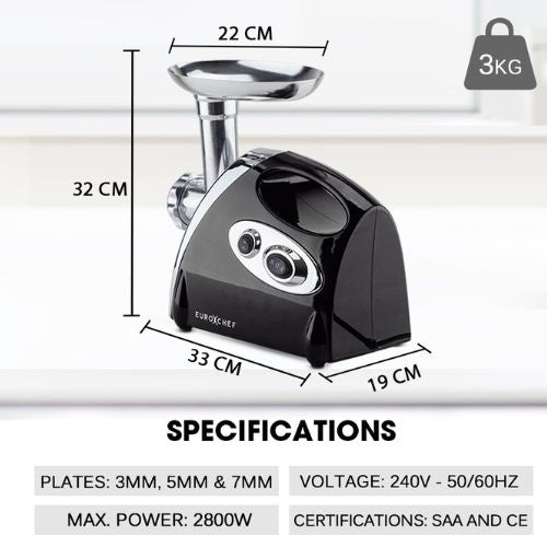 EuroChef Electric Meat Grinder Mincer Sausage Filler Kibbe Maker Stuffer - Black