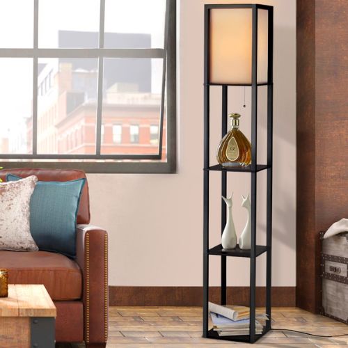 Floor Lamp Storage Shelf Shade Reading Vintage Wood Standing LED Light Bedroom