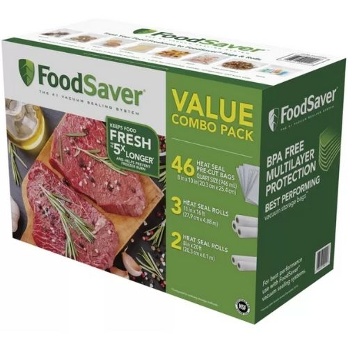 FoodSaver Vacuum Seal Bag Value Combo Pack 11" & 8" Rolls; 46 Pre-Cut Bags