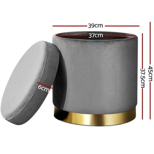Foot Stool Ottoman Round Velvet With Storage Foot Rest Pouffe Padded Seat - Grey