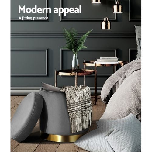 Foot Stool Ottoman Round Velvet With Storage Foot Rest Pouffe Padded Seat - Grey