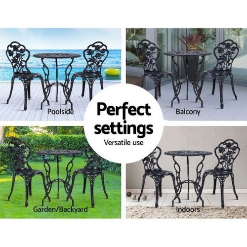 Gardeon 3 Piece Bistro Set Outdoor Garden Patio Table Chair Cast Aluminium Black
