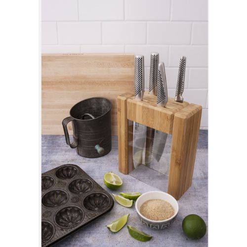 Global Ikasu V 5 Piece Knife Block Set, Made in Japan, Bamboo Storage Block