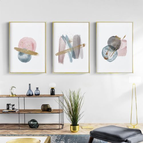 Gold Frame Canvas Wall Art Home Decor Blush Pink Watercolor 3 Sets 60cmx90cm