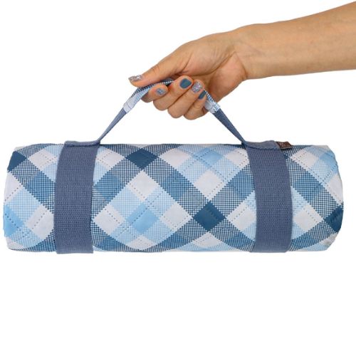 Sachi Reusable Picnic Rug Outdoor Blanket Mat w/ Carry Handle, Gingham Blue/Grey
