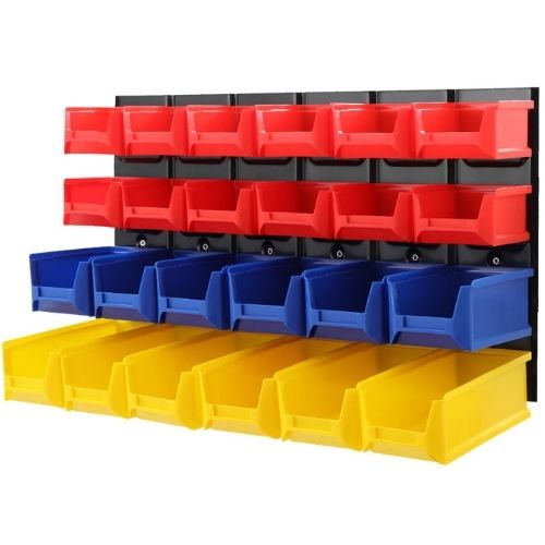 Wall Mounted Storage Bins Garage Rack Steel Board 24 Bin Basket Tool Organiser
