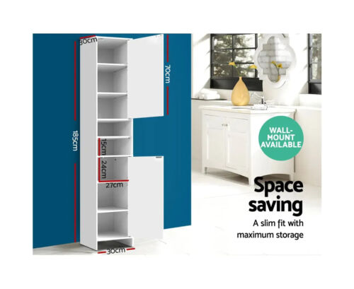 Artiss 185cm Bathroom Tallboy Toilet Storage Cabinet Laundry Cupboard Adjustable Shelf White
