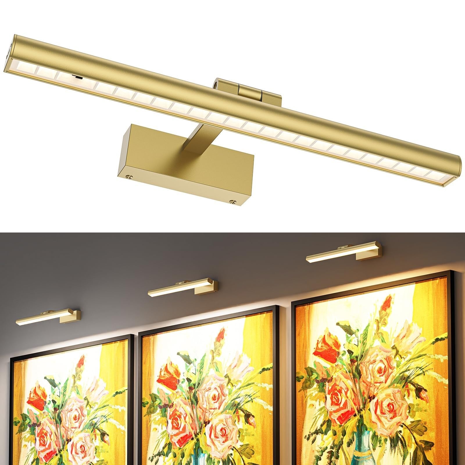 Wireless Picture Lights for Wall, Battery Operated Wall Light for Painting Rechargeable CCT Rotatable Art Gallery Light with Remote Dimmable Timer for Artwork Frame Display Dartboard (Gold, 16inch)