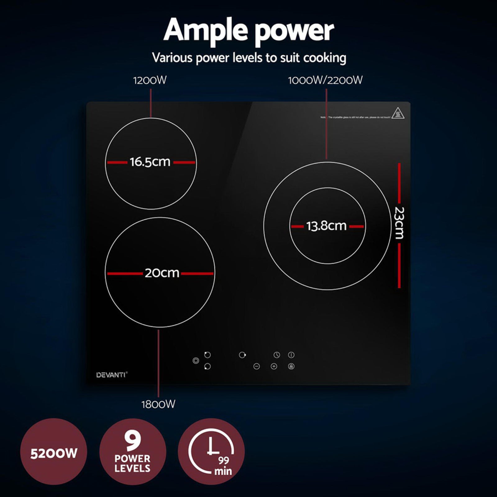 Devanti 60cm Electric Ceramic Cooktop | 4 Burner | Touch Control | 5200W