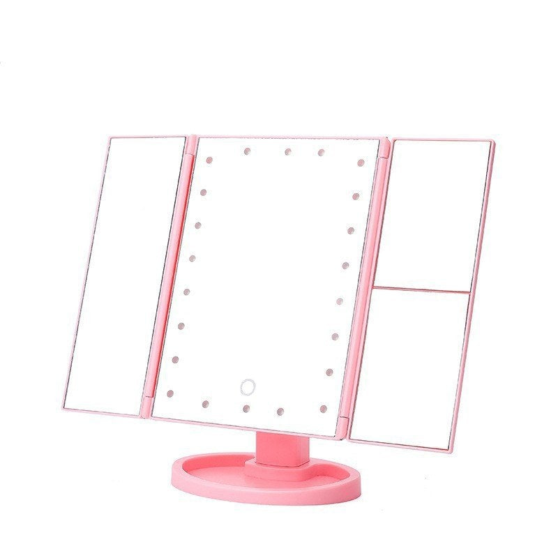 Pink 360° Rotating LED Tri-Fold Makeup Mirror – 22-Bulb Illuminated Vanity Mirror with 1X/2X/3X Magnification
