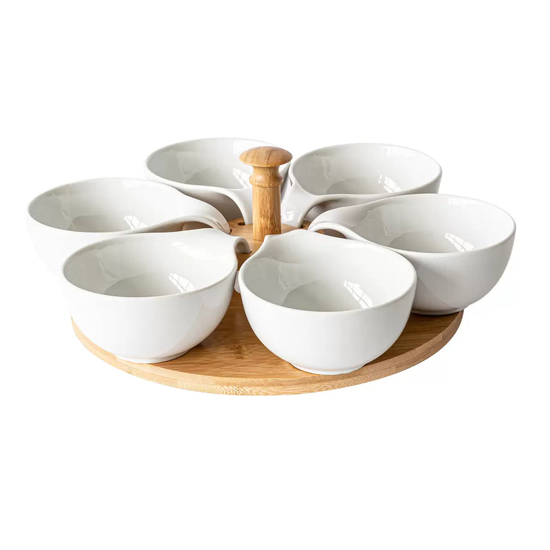 overandback Lazy Susan Bamboo Base With Porcelain Dishes Set 7 Piece