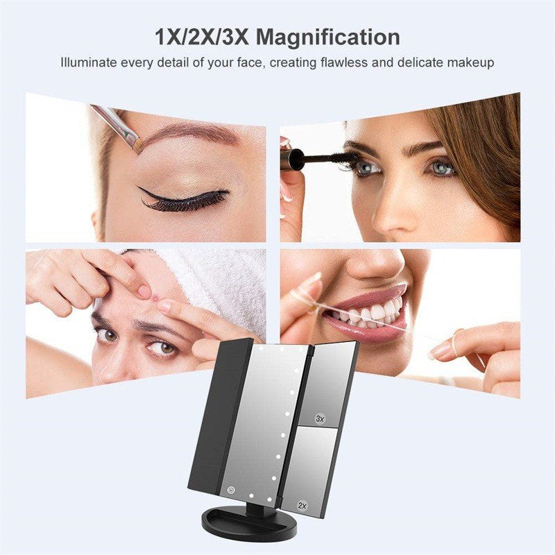Pink 360° Rotating LED Tri-Fold Makeup Mirror – 22-Bulb Illuminated Vanity Mirror with 1X/2X/3X Magnification