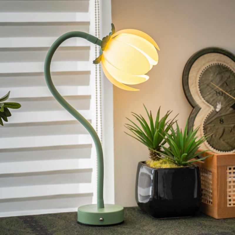 Green LED Tulip Desk Lamp - Flexible Gooseneck, Decorative Flower Table Light