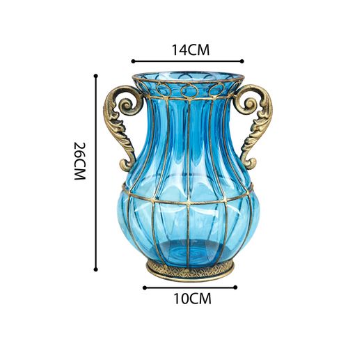 Soga Blue Colored European Glass Flower Vase With Two Metal Handles
