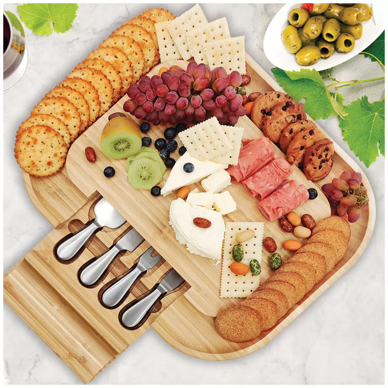 Carrara Bamboo Cheese Board with 4 Stainless Steel Tools – Elegant Platter Set