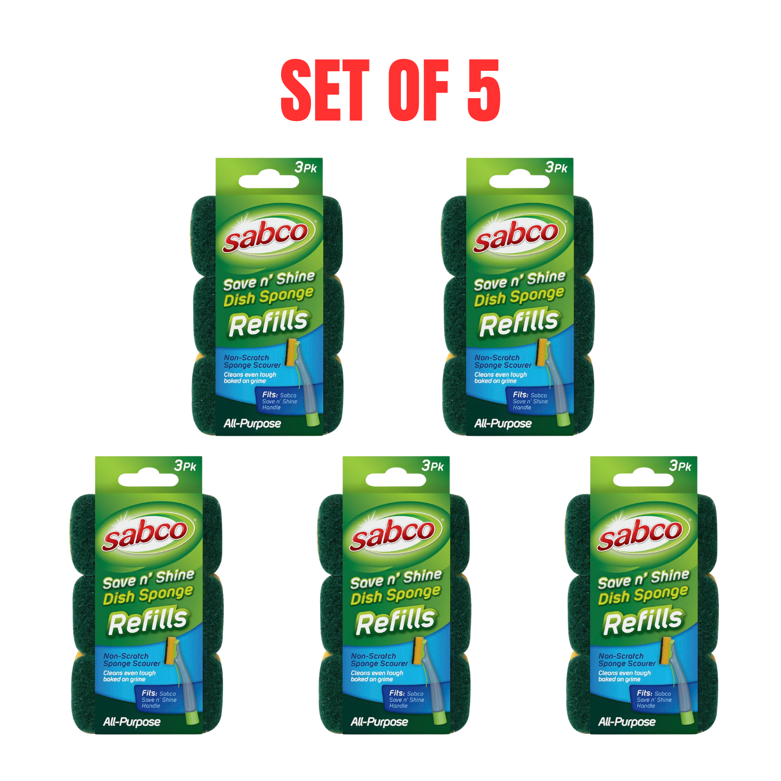 5 x Sabco Save N' Shine Dish Sponge Refill - 3 Pack