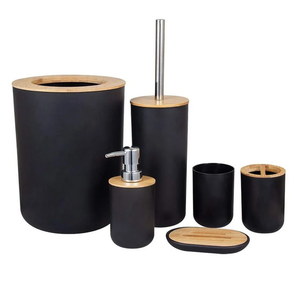 Estilo 6 Piece Black and Bamboo Bathroom Accessory Set