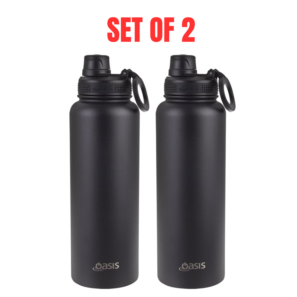 2 x Oasis 1.1L Stainless Steel Insulated Sports Bottle with Screw Cap - Black