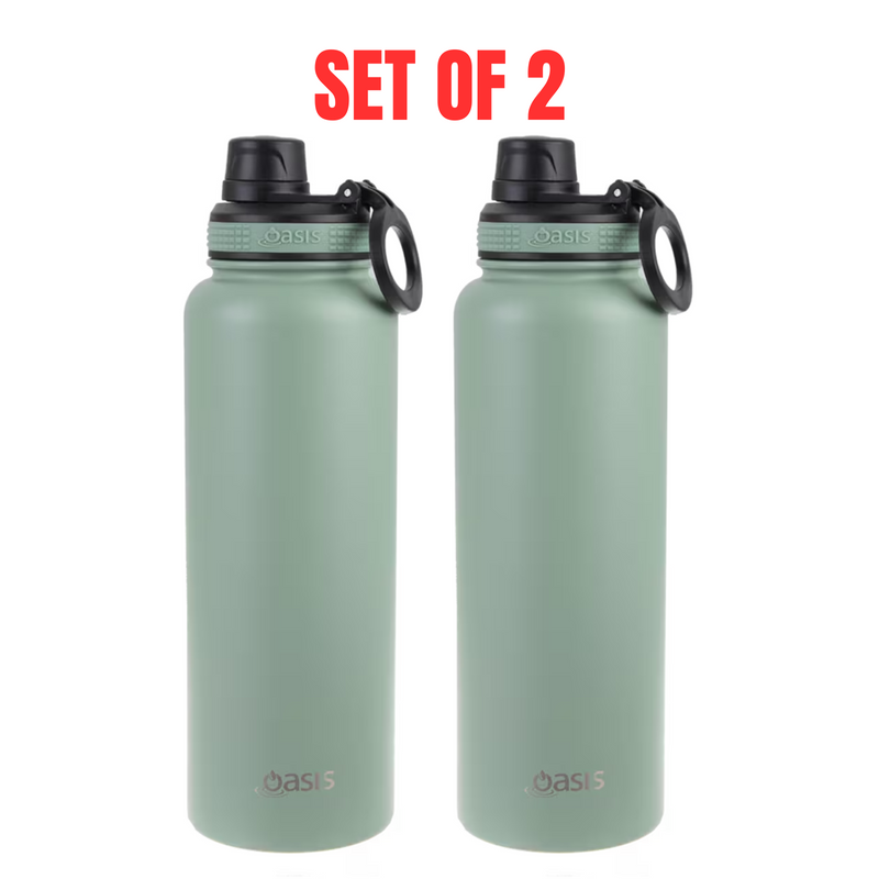 2 x Oasis 1.1L Stainless Steel Insulated Sports Bottle w Screw Cap - Sage Green