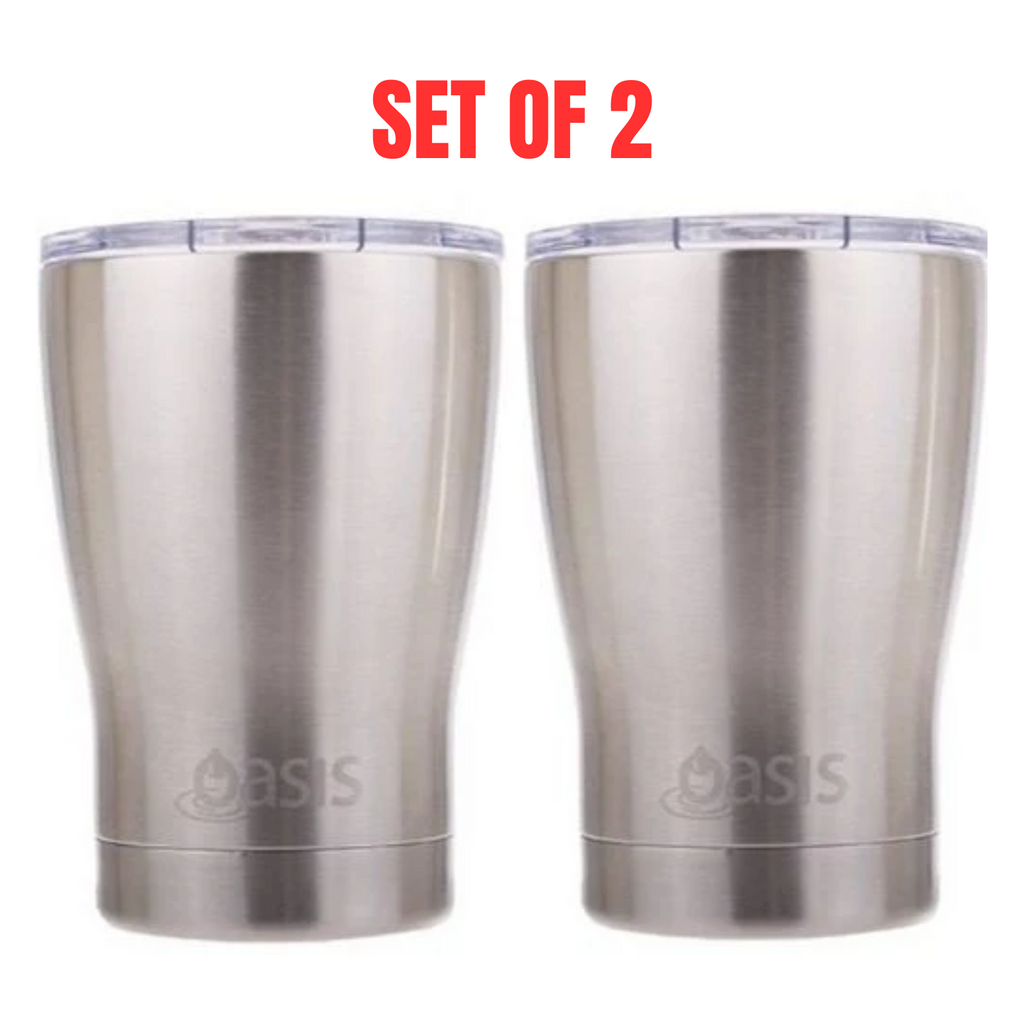 2 X Insulated Travel Double Wall Cup With Lid Stainless Steel Oasis 340ml Silver