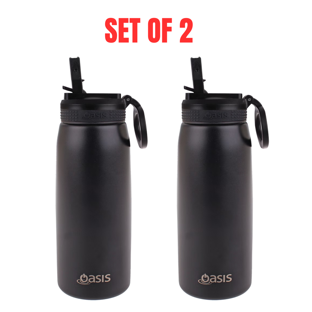 2x Oasis 780ml Stainless Steel Insulated Sports Bottle with Sipper Straw - Black