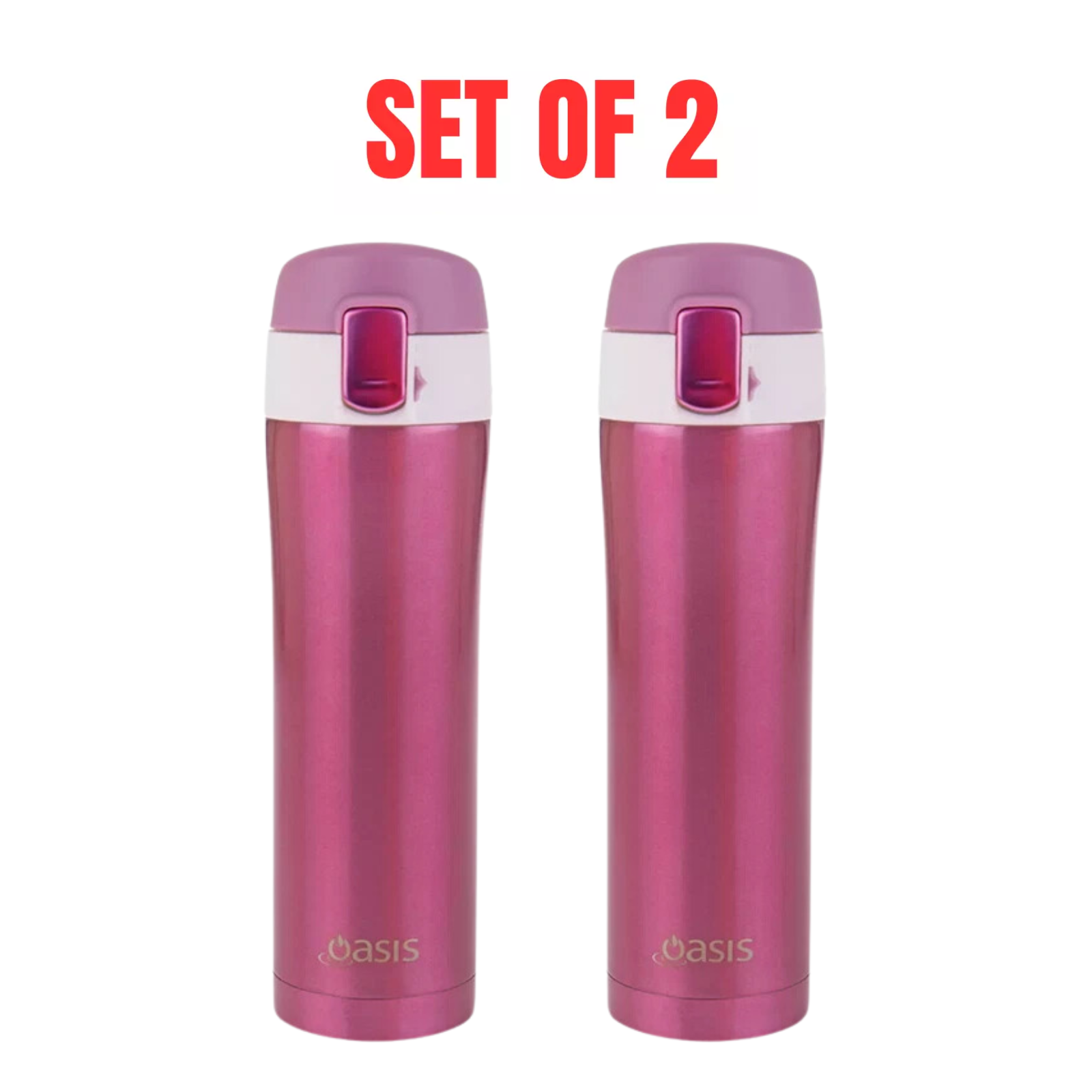 2x Oasis Stainless Steel Flip-Top Travel Flask Bottle 450ml - Blush