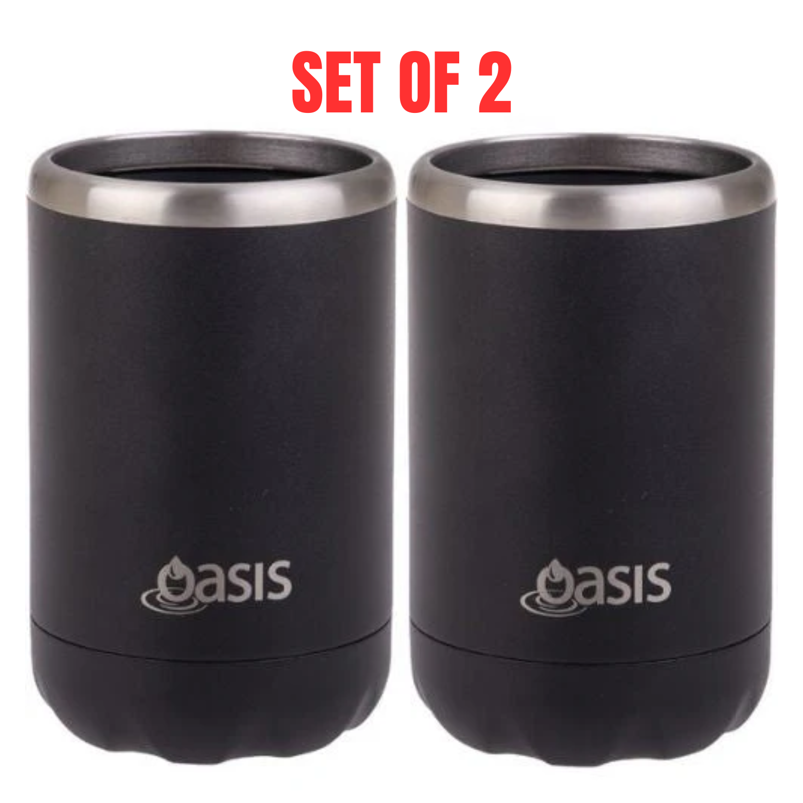 2 x Oasis Double Wall Vacuum Insulated Can Cooler Stainless Steel, 375ml - Black