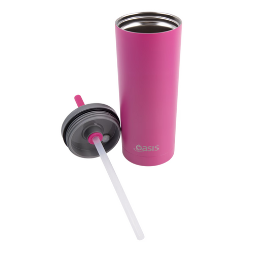 2x Oasis Super Sipper Insulated Tumbler w/ Silicone Head Straw 600ml Mug Fuchsia