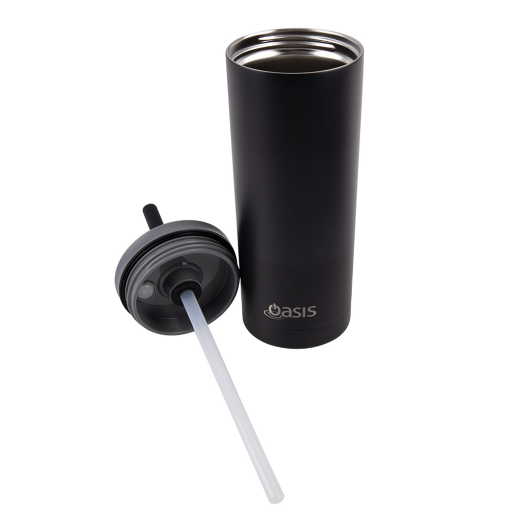 2x Oasis Super Sipper Insulated Tumbler w/ Silicone Head Straw 600ml Mug - Black