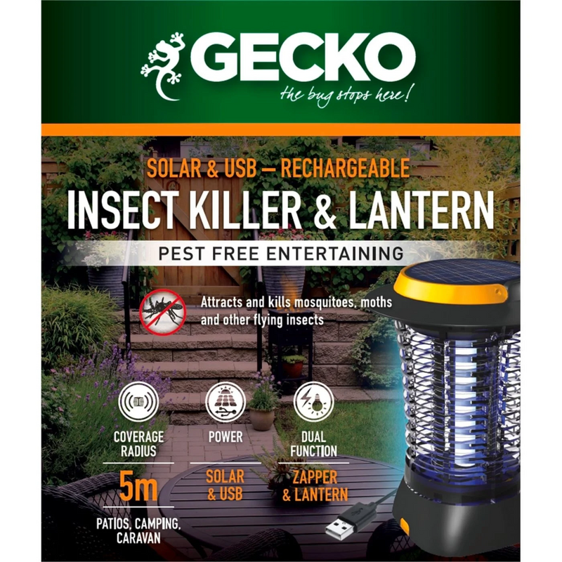 New Gecko Cordless Lantern Zapper Insects Mosquitoes Solar & USB Rechargeable