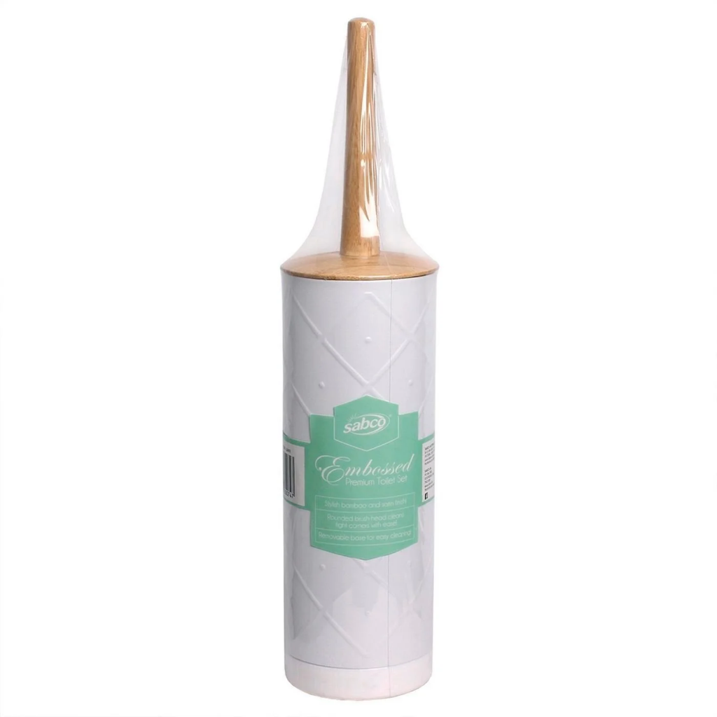Bathroom Toilet Brush & Holder With Bamboo Handle Cleaning Bowl Tool Set - White