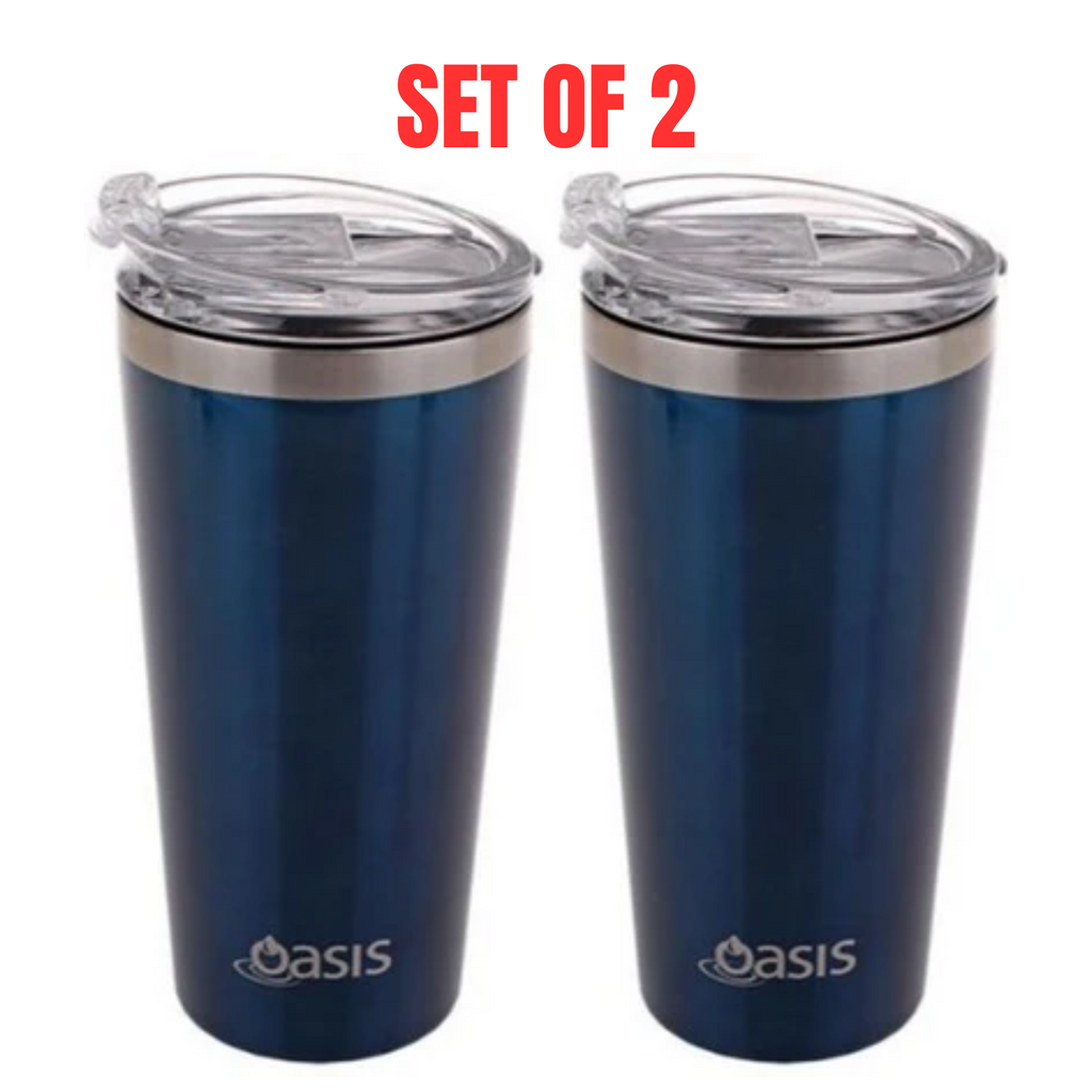 2 X Oasis Insulated Travel Double Wall Mug 480ml With Lid Coffee Cup - Navy