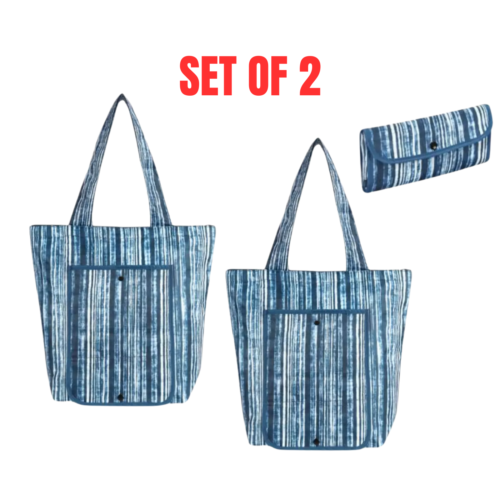 2x Sachi Insulated Market Tote Folding Portable Shopping Carry Bag, Blue Stripes