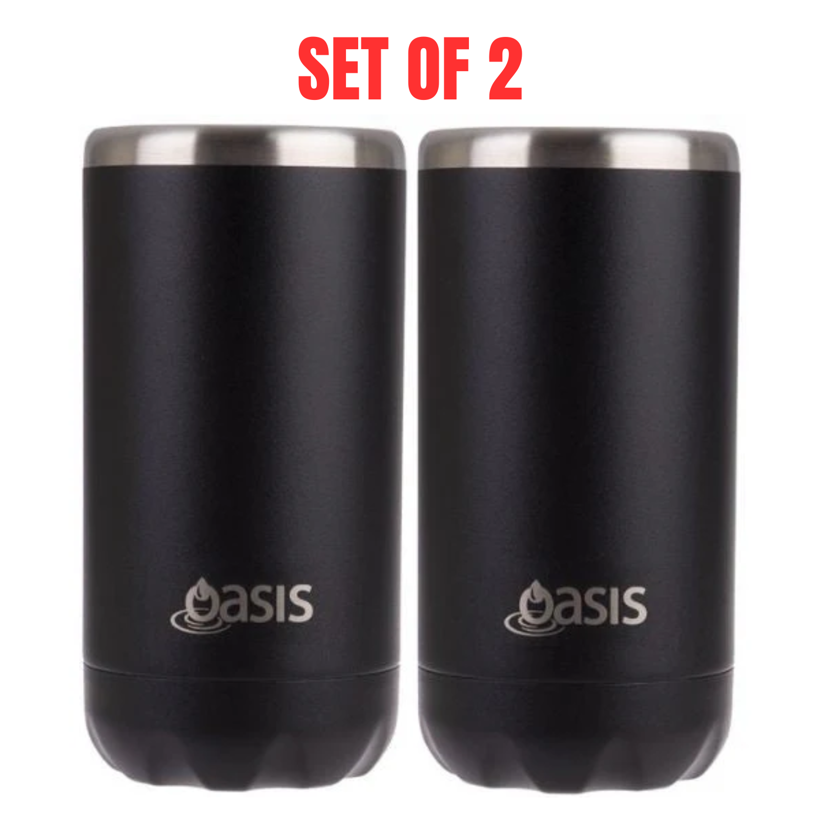 2 x Oasis Double Wall Vacuum Insulated Can Cooler Stainless Steel, 330ml - Black