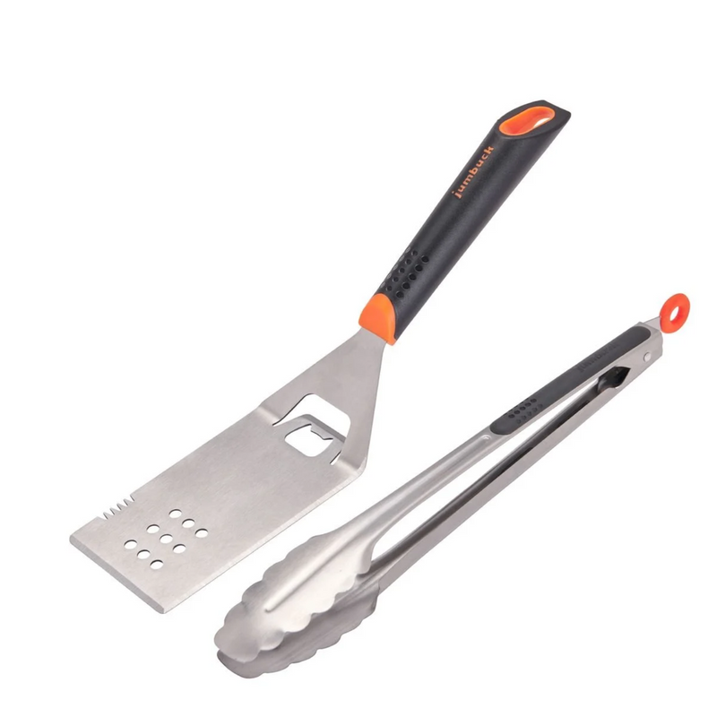 Jumbuck Stainless Steel BBQ 2-Piece Tool Set w/ Lockable Tongs & Spatula Turner