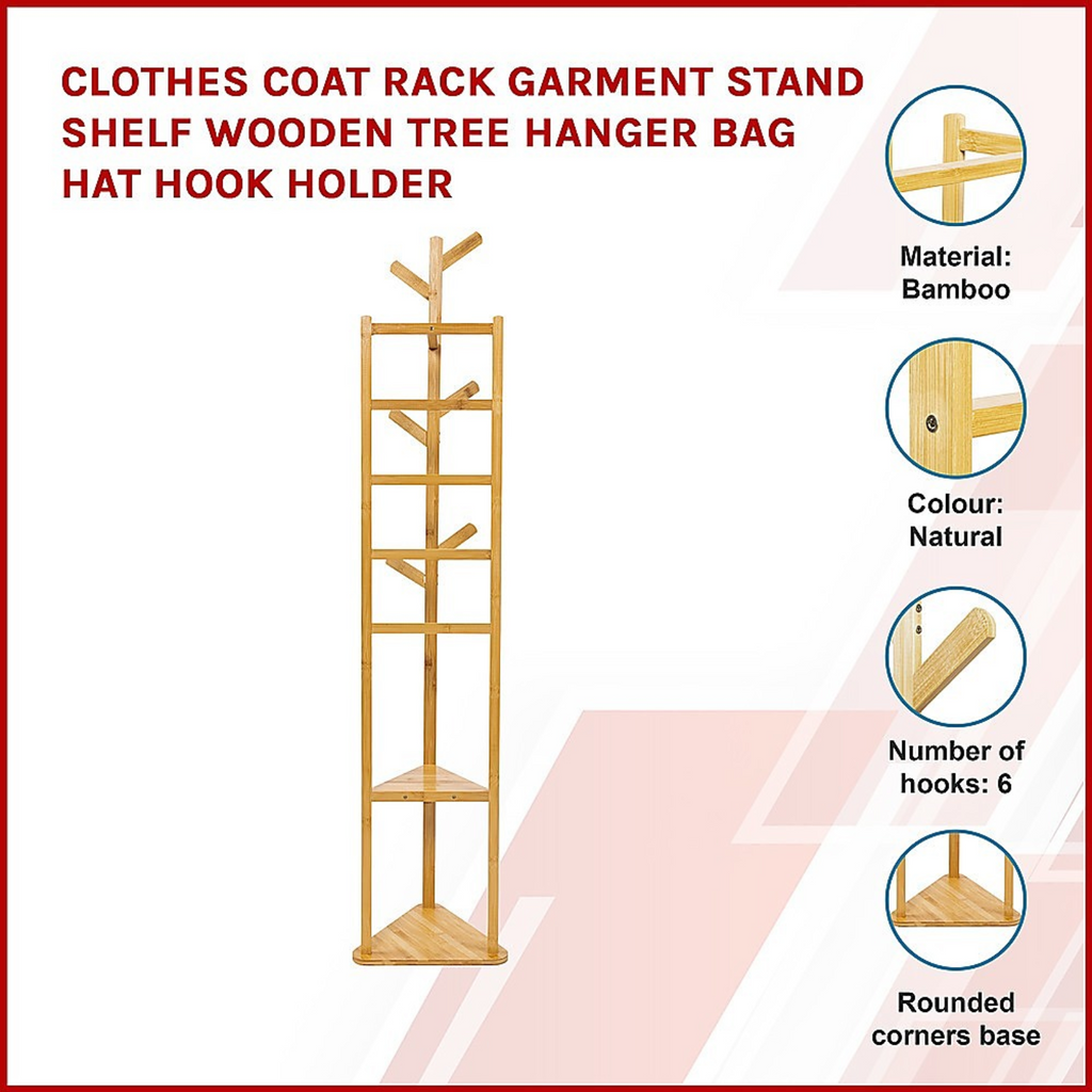 Clothes Stand Garment Coat Rack Shelf Wooden Tree Hanger Bag Hat Hook Holder