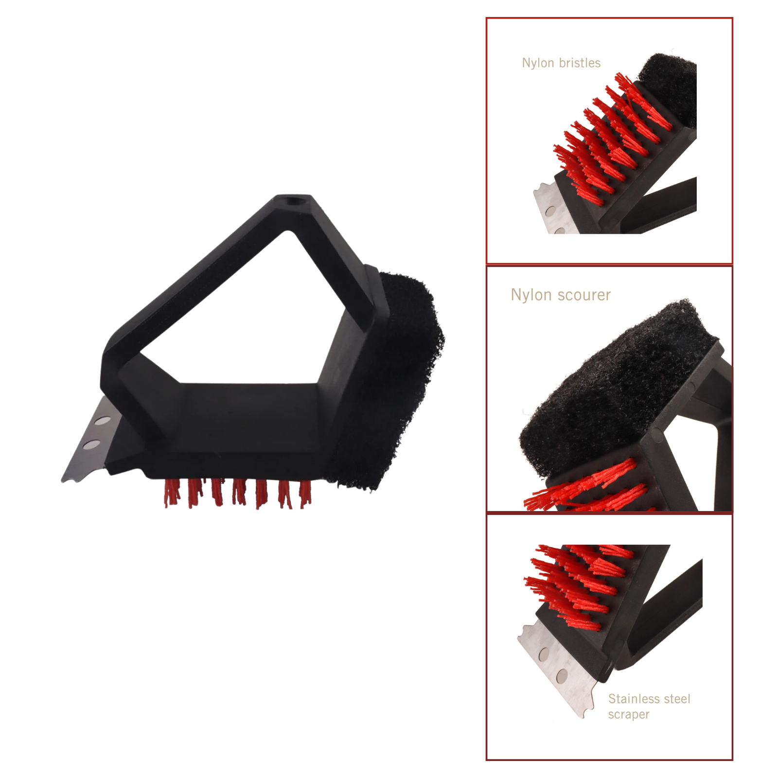 3 In 1 BBQ Cleaning Brush Sponge Nylon Scrubbing Pad Stainless Steel Scraper