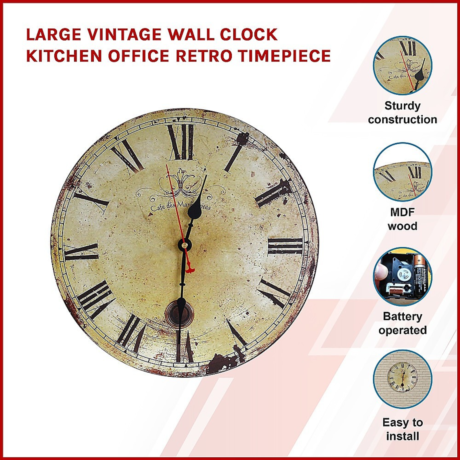 Round Vintage Retro Wall Clock Large With Roman Numerals Home Decor Timepiece