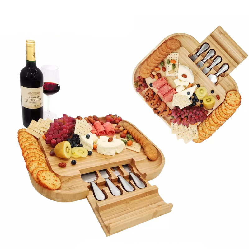 Carrara Bamboo Cheese Board with 4 Stainless Steel Tools – Elegant Platter Set