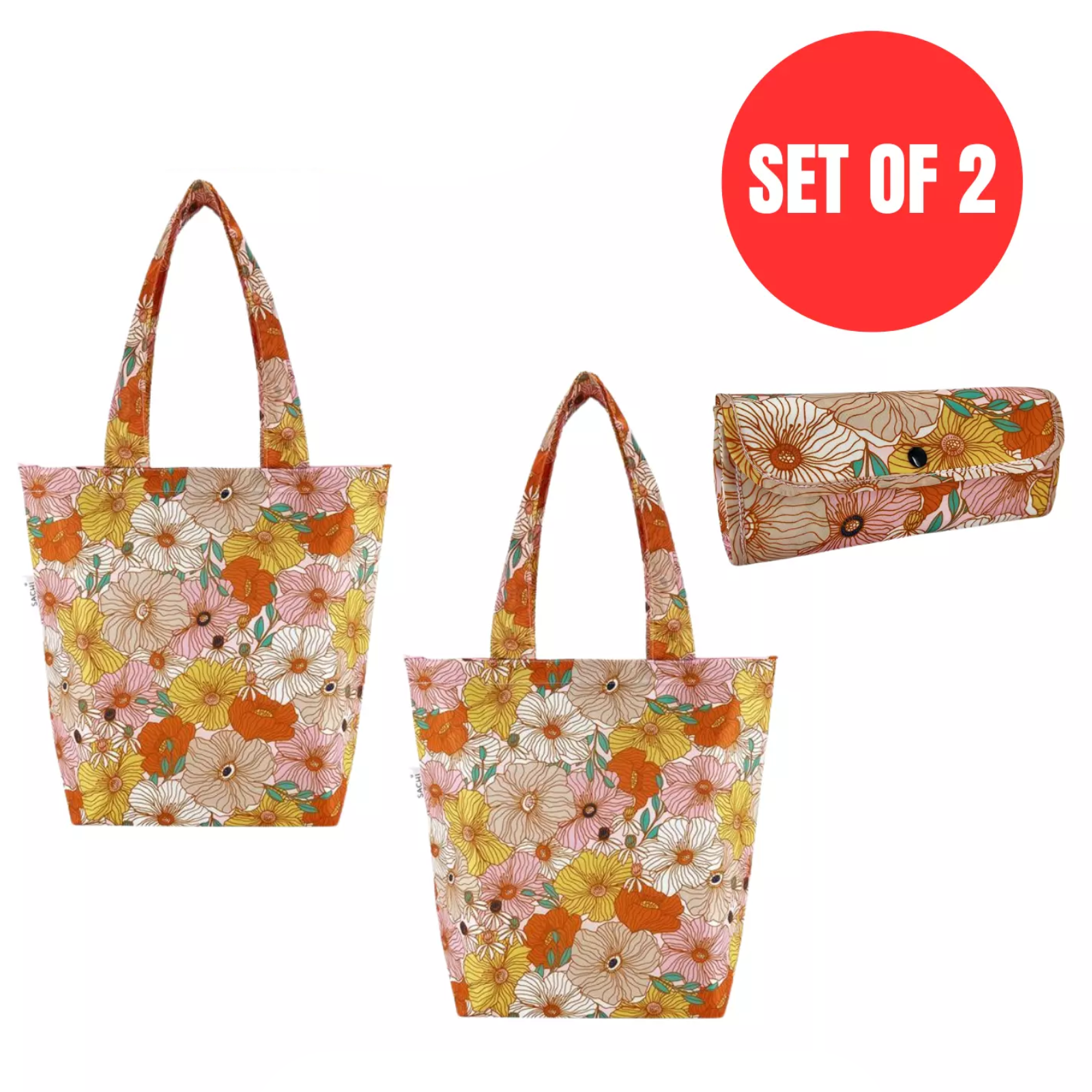 2 x Sachi Insulated Market Tote Folding Shopping Carry Bag - Retro Floral