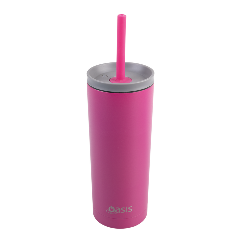 2x Oasis Super Sipper Insulated Tumbler w/ Silicone Head Straw 600ml Mug Fuchsia