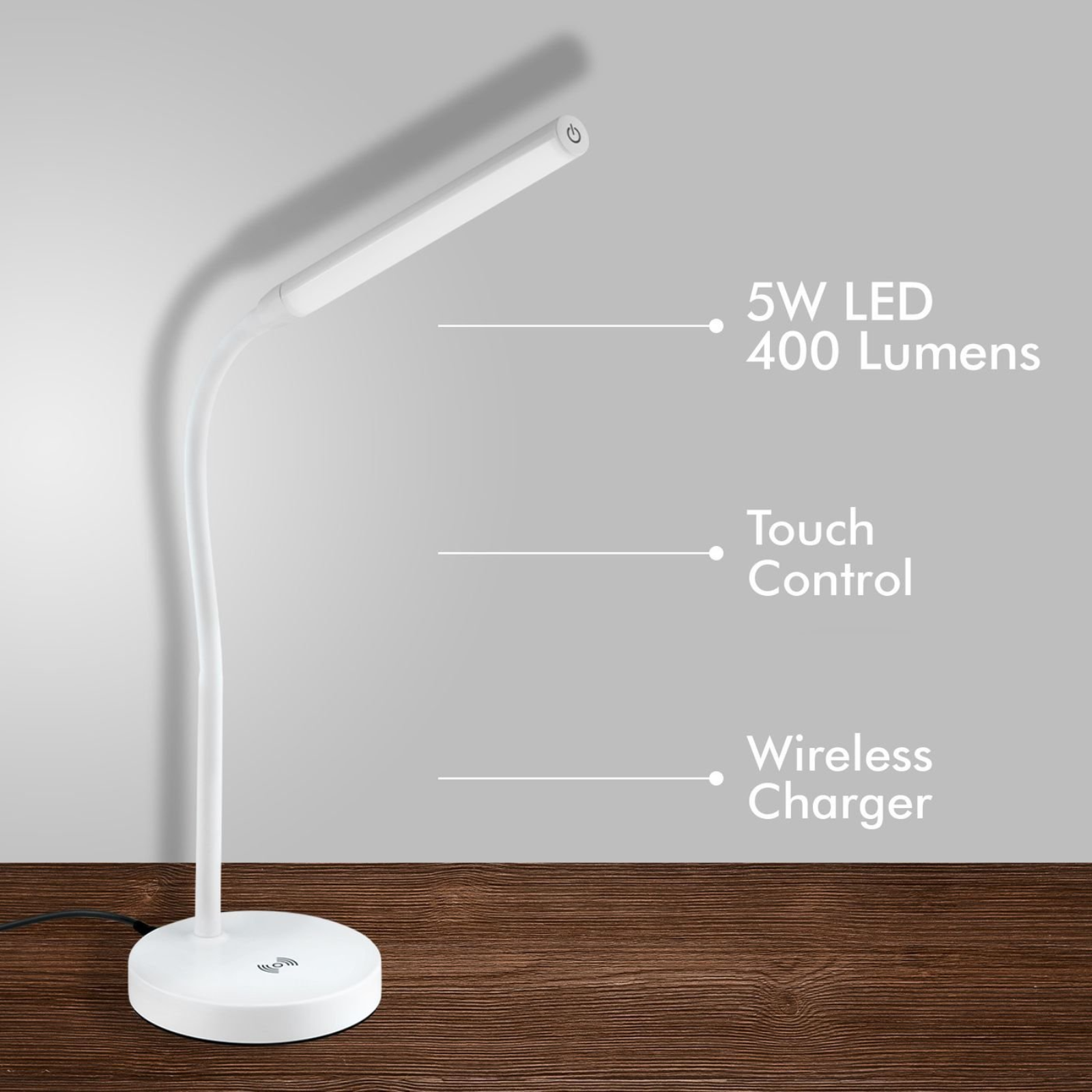 LED Table Desk Lamp W/ Wireless Phone Charging Touch Control Verve Design White