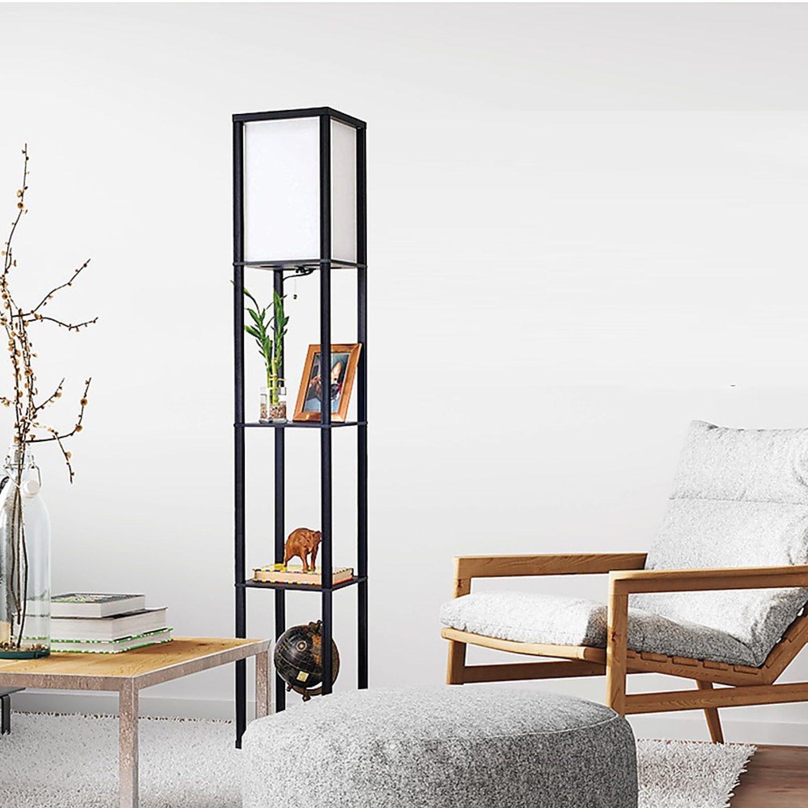 Floor Lamp Storage Shelf Shade Free Stand LED Light Modern Home Lighting Decor