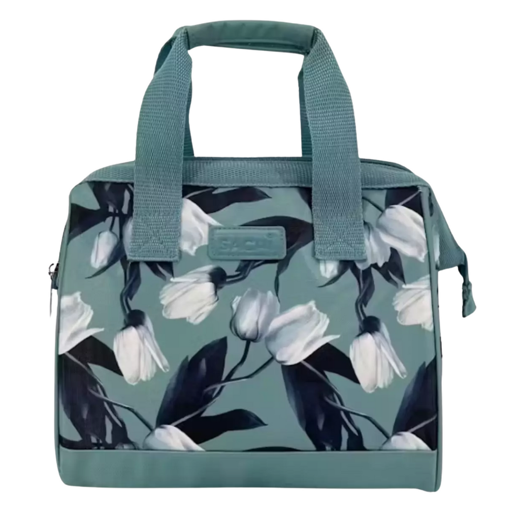 Sachi Insulated Lunch Bag - White Tulips Design, Portable & Stylish