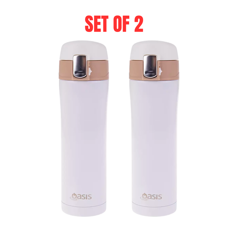 2 x Oasis Stainless Steel Flip-Top Vacuum Flask – White, 450ml