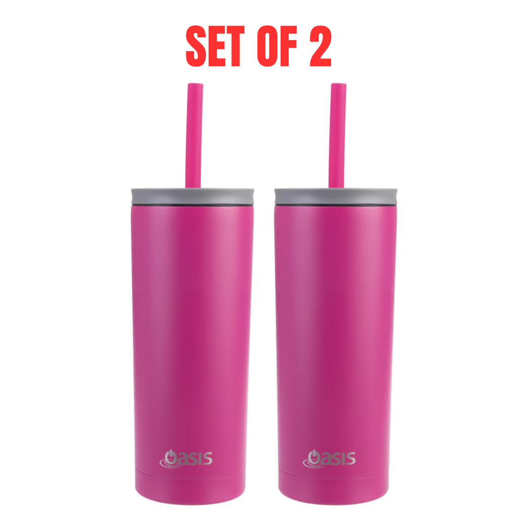 2x Oasis Super Sipper Insulated Tumbler w/ Silicone Head Straw 600ml Mug Fuchsia